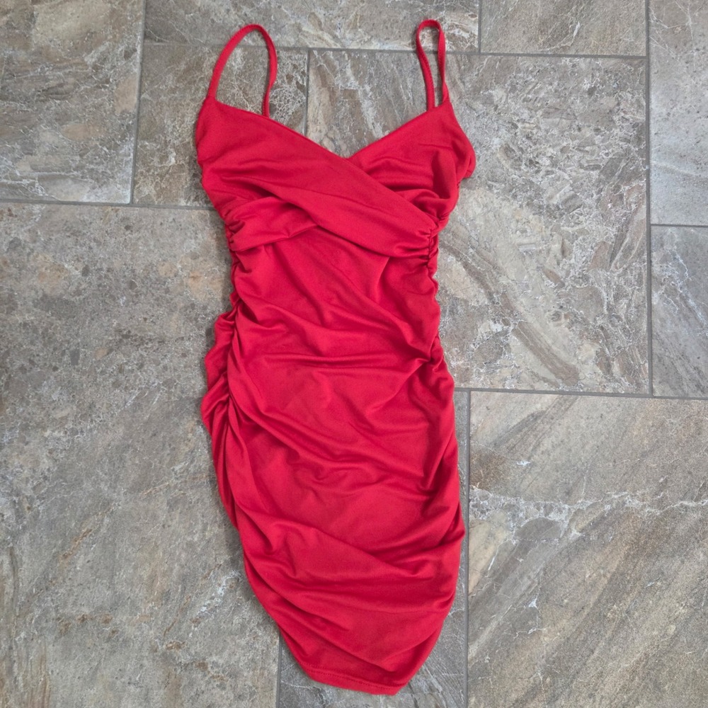 SHEIN Red Ruched Bodycon Mini Dress Surplice Spaghetti Strap Size XS 2